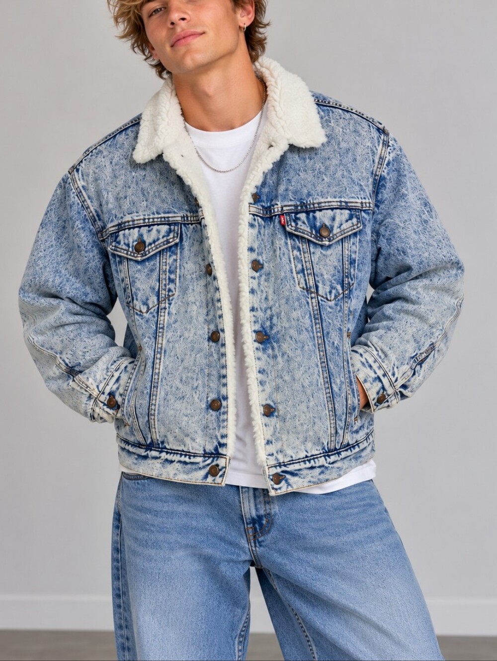 Vintage Levis Mens Sherpa Lined Acid Wash Denim Trucker Jacket Large Made in USA